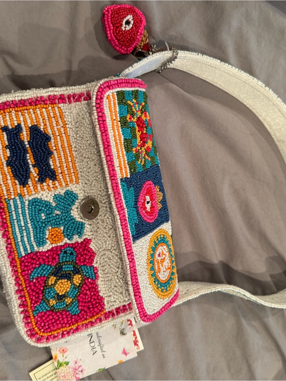 Viral Beaded White Crossbody Bag with Multicolor Embroidery